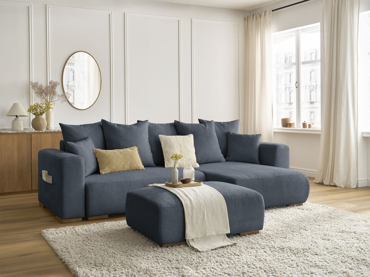 Bobochic Sidonie Ecksofa mit Schlaffunktion und Bettkasten und Pouf Melange-Stoff Dunkelblau