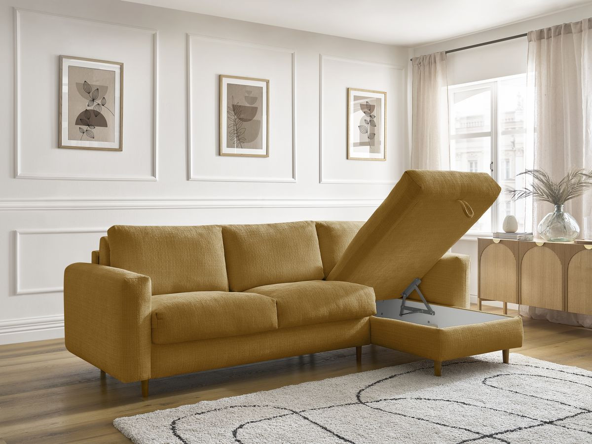 Bobochic Cocoone Ecksofa mit Schlaffunktion und Bettkasten Strukturstoff Gelb, Liegefläche 140 × 200 cm