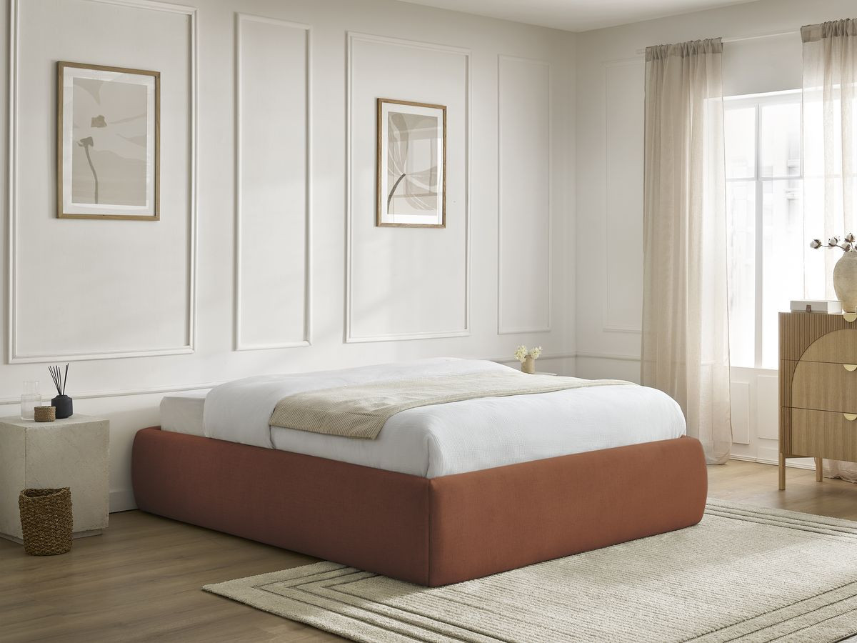 Bobochic Inera Bettgestell mit Bettkasten, ohne Kopfteil Stoff Orange, Liegefläche 140 × 190 cm