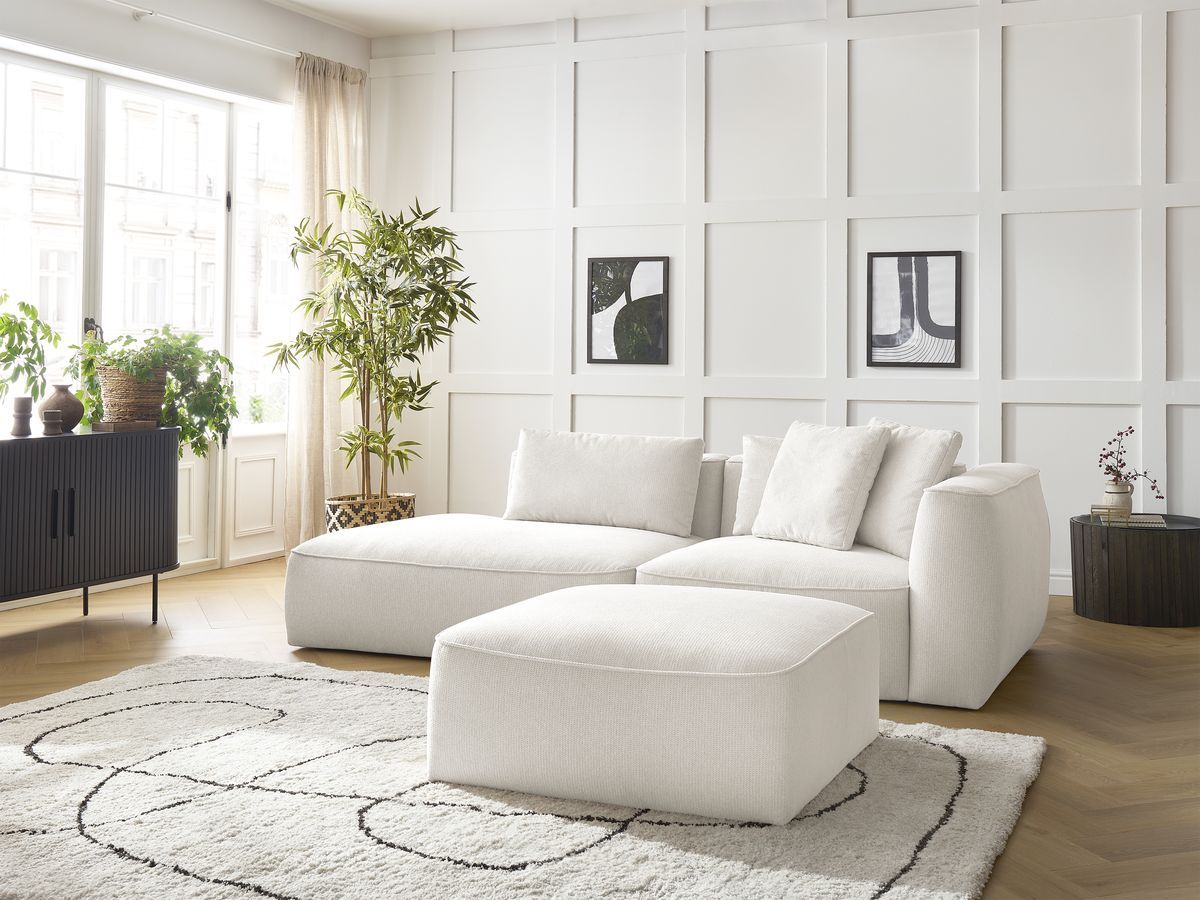 Bobochic Leopold Sofa 4-Sitzer mit Pouf Melange-Stoff Weiß Armlehne rechts
