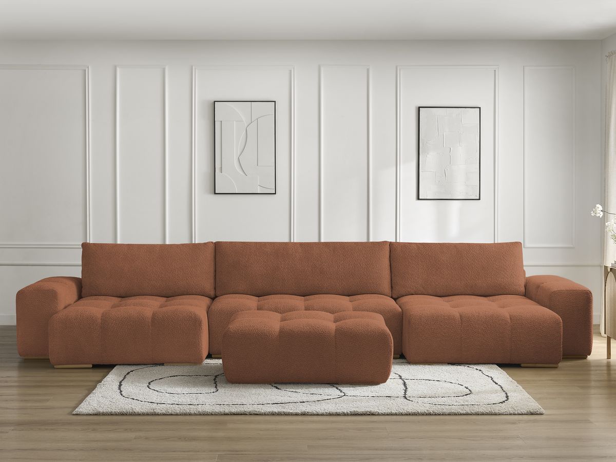 Bobochic Anakin Wohnlandschaft mit Pouf, Liegefläche 137 × 382 cm, 3 Kissen Bouclé-Stoff Orange