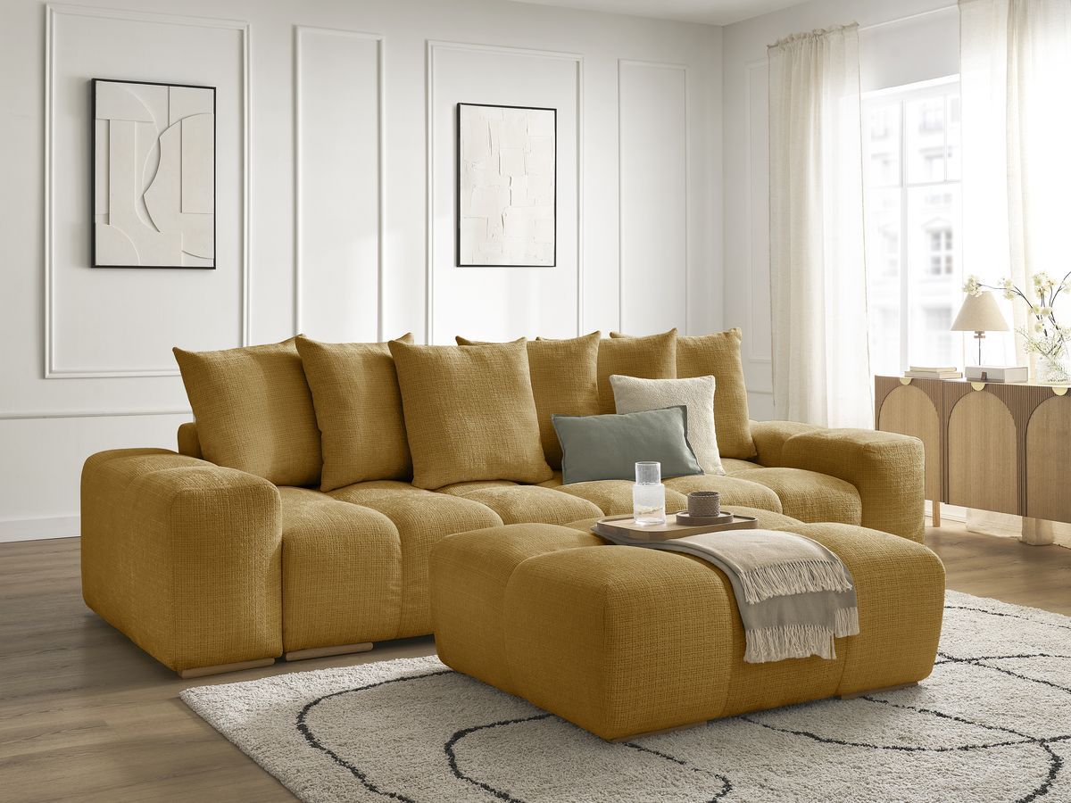 Bobochic Anakin Sofa 3-Sitzer mit Pouf, 6 Kissen Strukturstoff Gelb