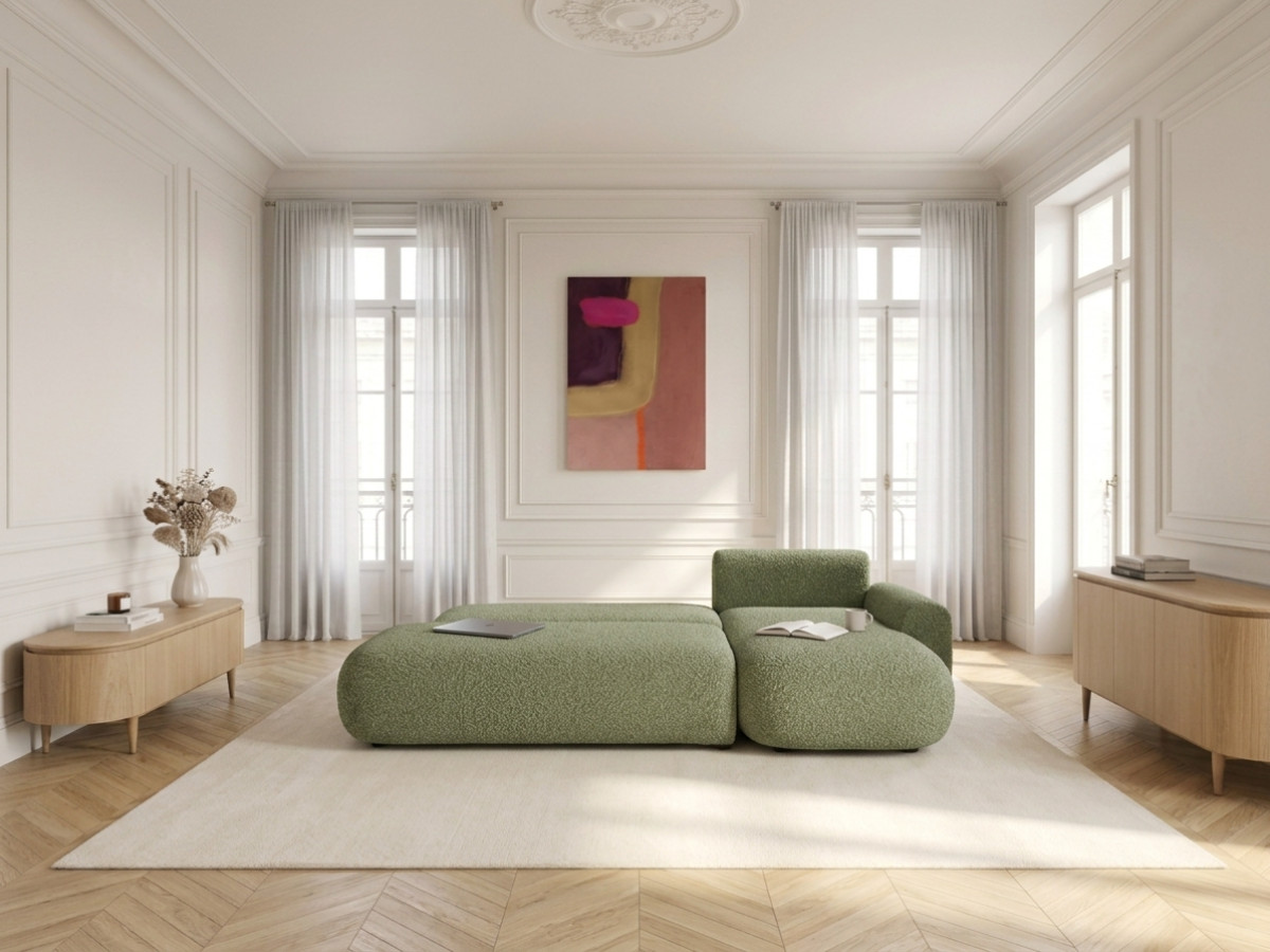 Bobochic Tango Ecksofa mit Schlaffunktion und Bettkasten Bouclé-Stoff Grün Ecke rechts