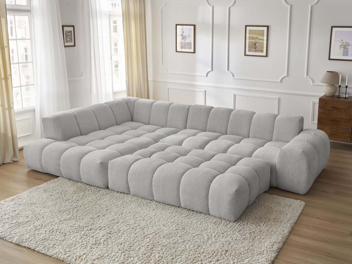 Bobochic Everest Ecksofa, 10 Kissen Melange-Stoff Hellgrau Ecke links