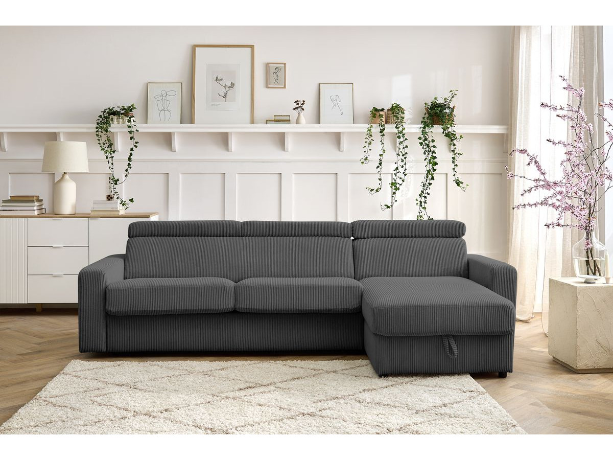 Bobochic Monaco Ecksofa mit Schlaffunktion und Bettkasten Cordsamt Dunkelgrau, Liegefläche 140 × 190 cm