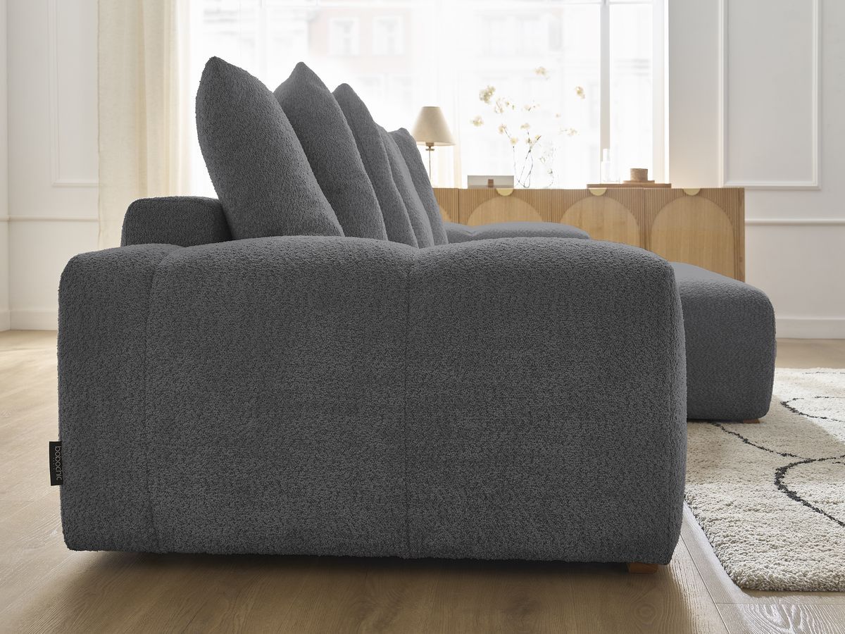 Bobochic Anakin Ecksofa mit Schlaffunktion und Bettkasten, 6 Kissen Bouclé-Stoff Dunkelgrau