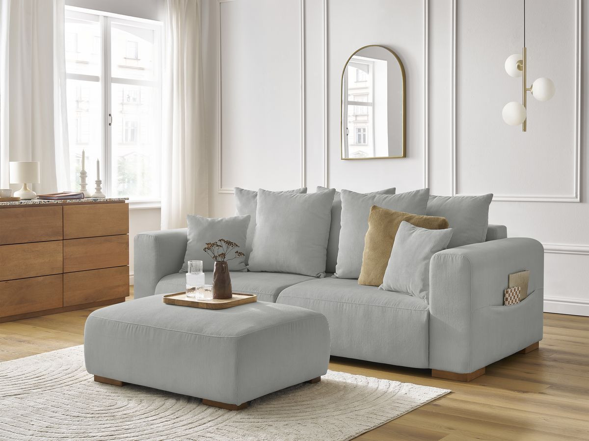Bobochic Sidonie Sofa 4-Sitzer mit Pouf Cordsamt Hellgrau