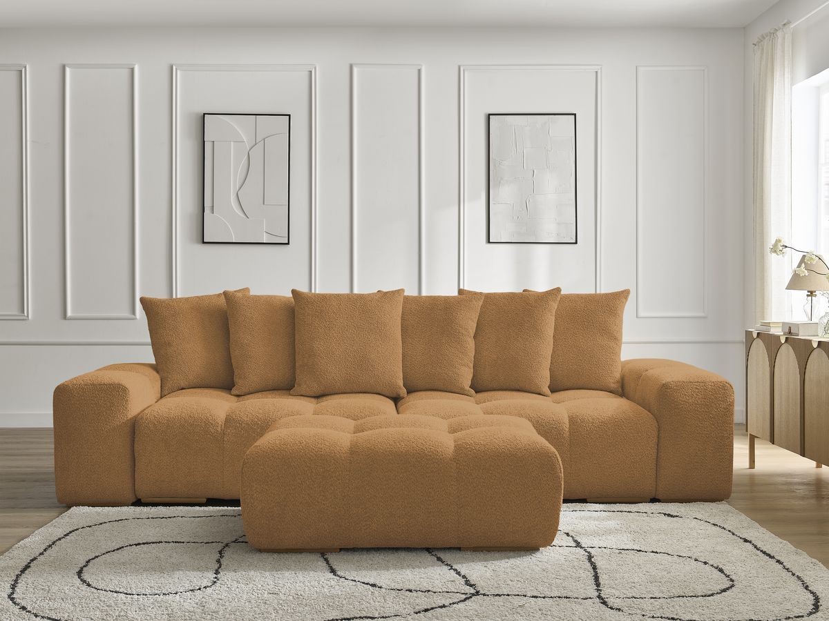 Bobochic Anakin Sofa 3-Sitzer mit Pouf, 6 Kissen Bouclé-Stoff Gelb