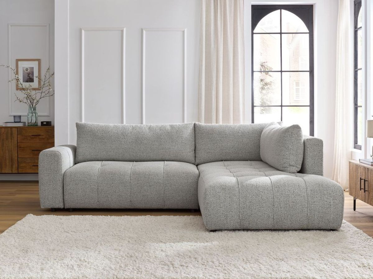 Bobochic Arsene Ecksofa mit Schlaffunktion und Bettkasten 277 × 200 cm Melange-Stoff Hellgrau Ecke rechts