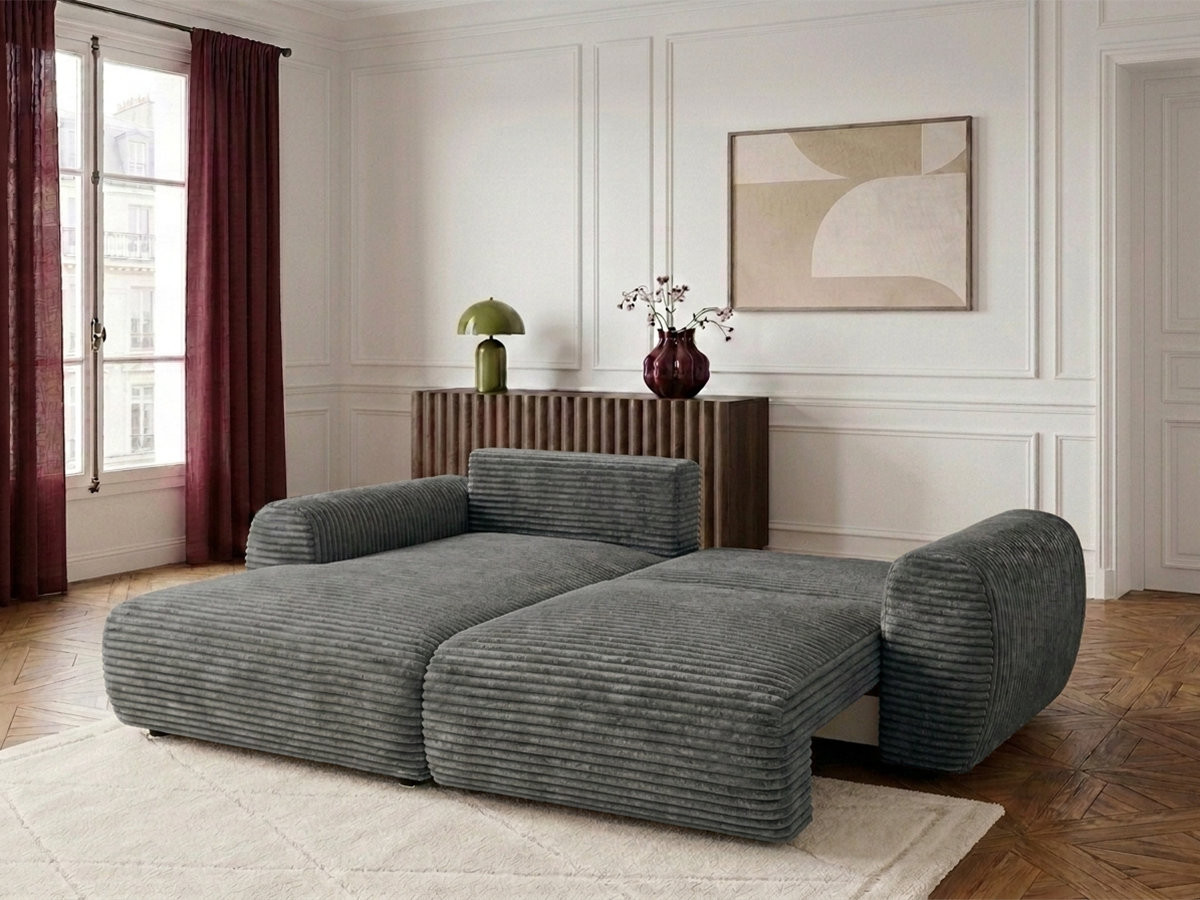 Bobochic Lucien Ecksofa mit Schlaffunktion und Bettkasten Breitcord weich Dunkelgrau Ecke links