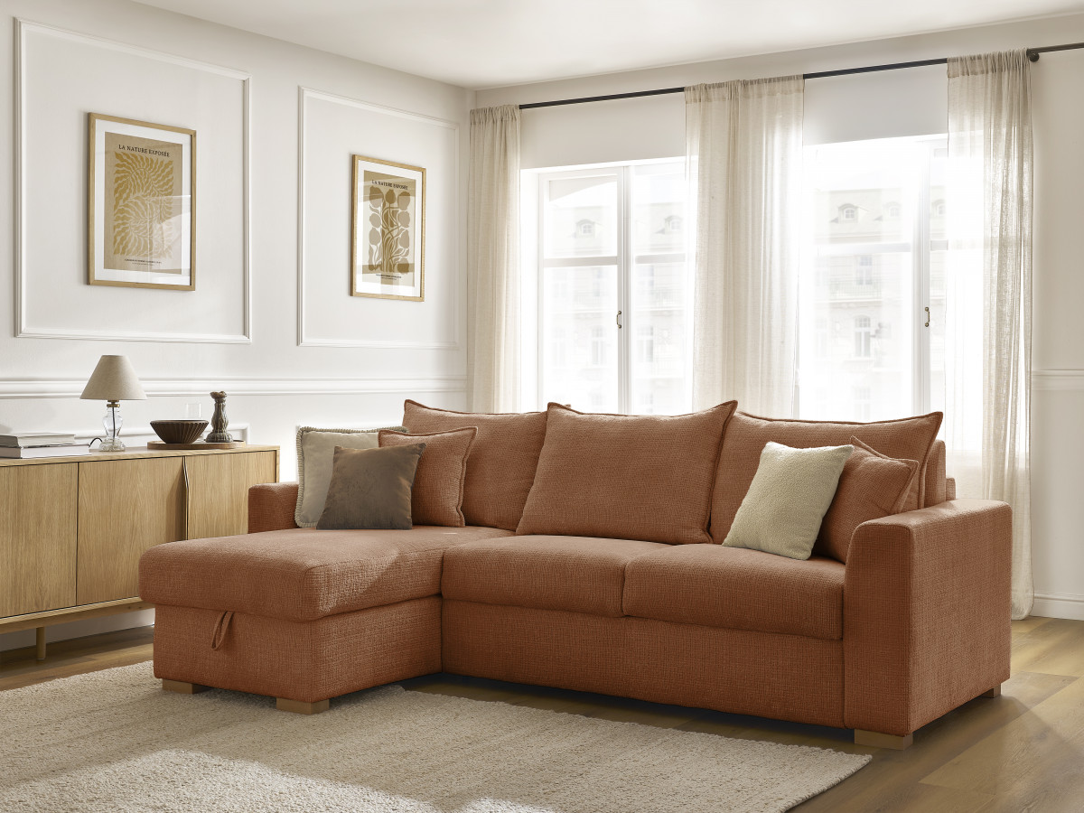 Bobochic Augustin Ecksofa mit Schlaffunktion und Bettkasten Strukturstoff Orange, Liegefläche 160 × 200 cm