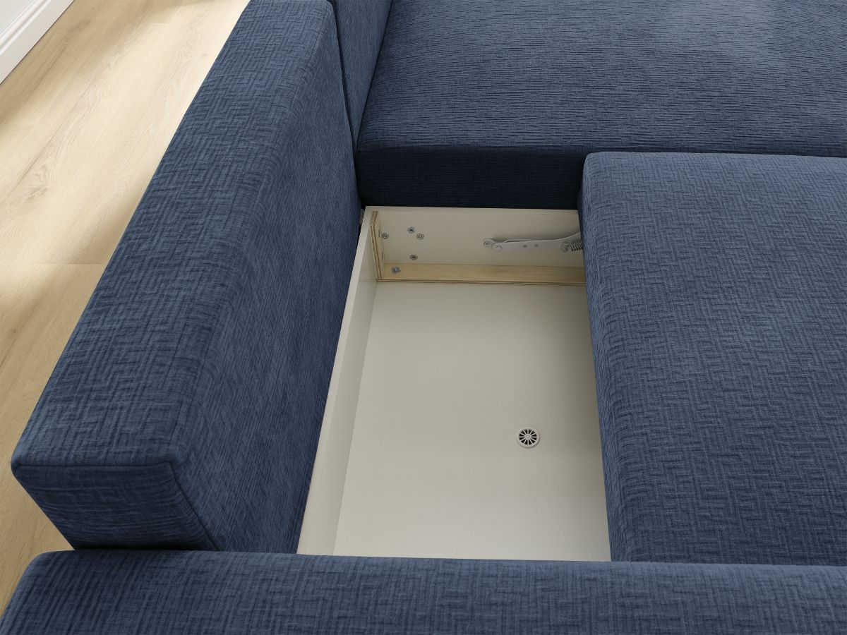 Bobochic Atilla Ecksofa mit Schlaffunktion und Bettkasten Strukturstoff Dunkelblau Ecke rechts