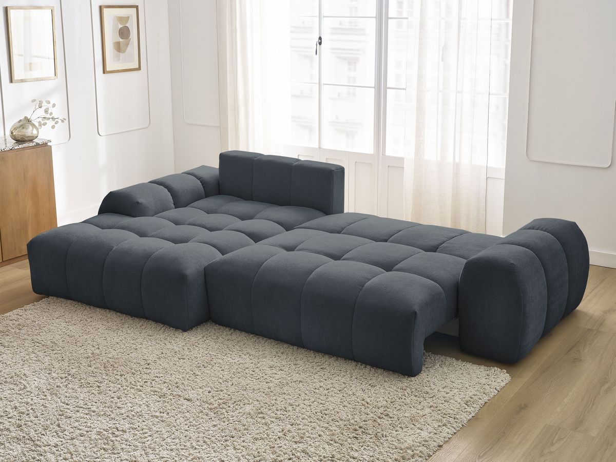 Bobochic Everest Ecksofa mit Schlaffunktion und Bettkasten 318 × 180 cm, 7 Kissen Strukturstoff Dunkelblau Ecke links