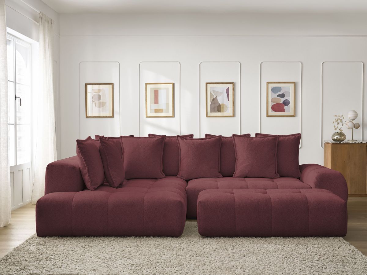 Bobochic Everest Ecksofa mit Schlaffunktion und Bettkasten und Pouf 320 × 212 cm, 10 Kissen Melange-Stoff Rot Ecke links
