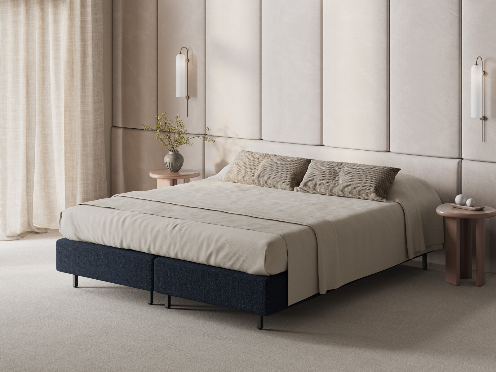 Micadoni Whale Polster-Bettgestell Chenille Eden Marineblau Schwarzes Metall 80x200
