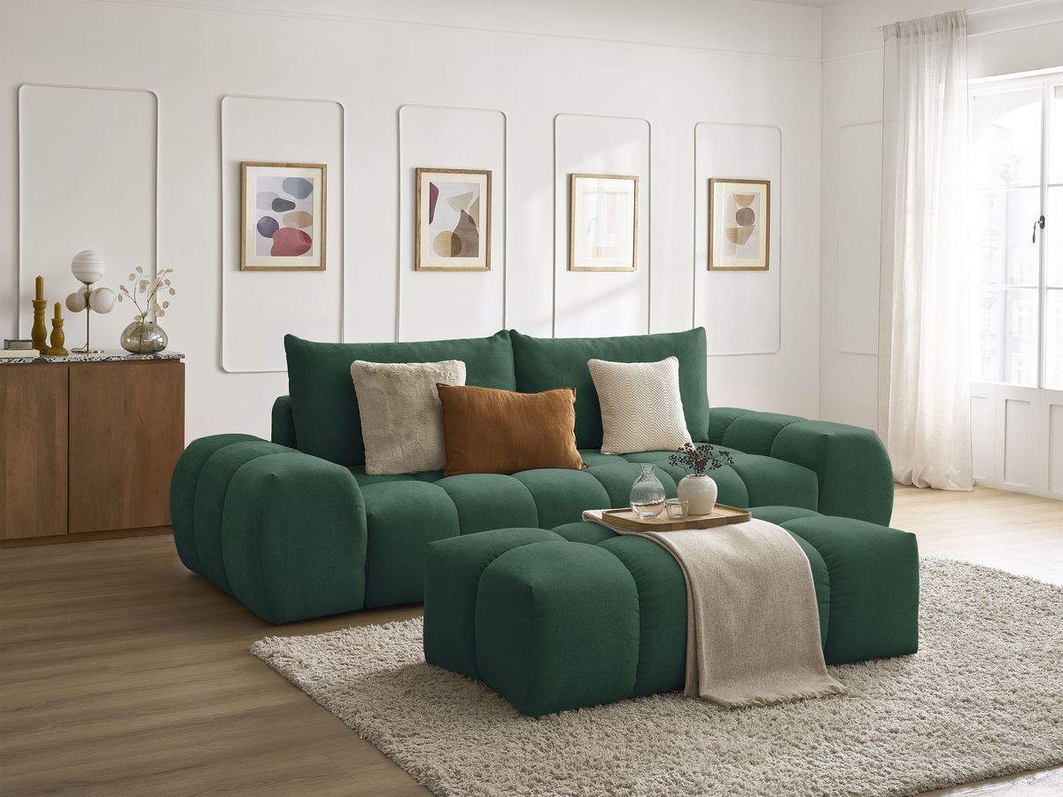 Bobochic Everest Schlafsofa 3-Sitzer mit Bettkasten und Pouf, 2 Kissen Strukturstoff Grün