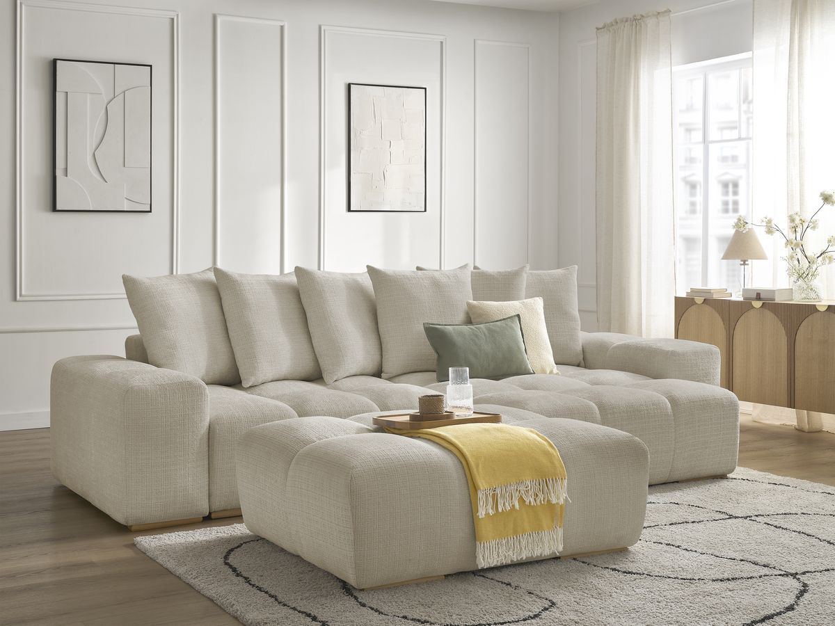 Bobochic Anakin Ecksofa mit Pouf, 6 Kissen Strukturstoff Beige