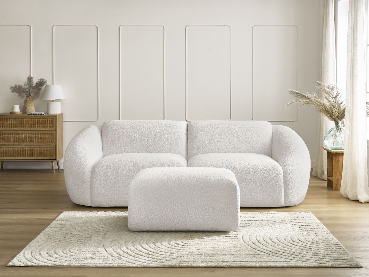 Bobochic Tina Sofa 4-Sitzer mit Pouf Bouclé-Stoff Weiß