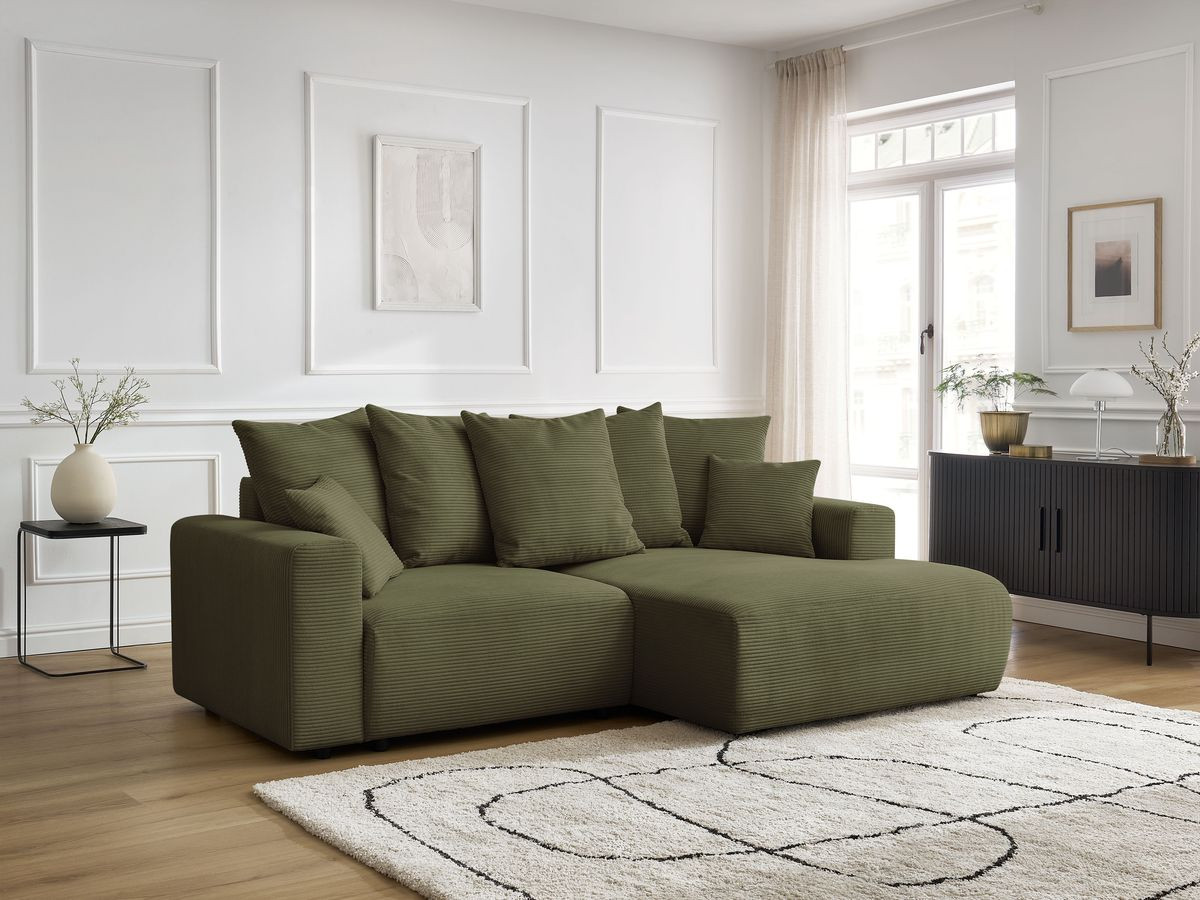 Bobochic Atilla Ecksofa mit Schlaffunktion und Bettkasten Cordsamt Hellgrün Ecke rechts