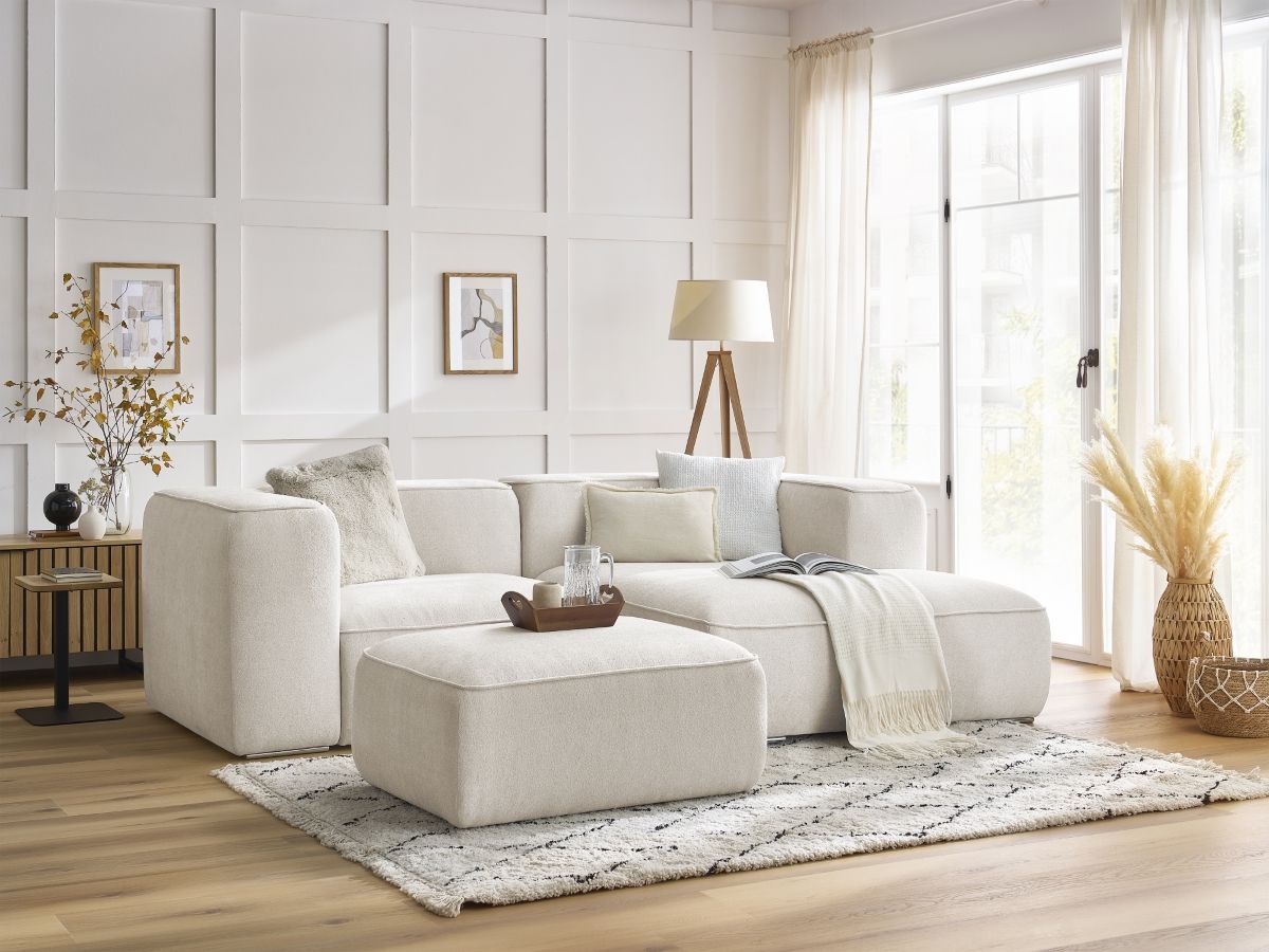 Bobochic Zephyr Ecksofa mit Pouf 260 × 165 cm Strukturstoff Weiß Ecke rechts