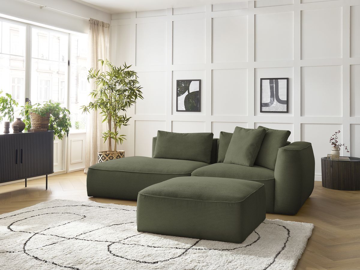 Bobochic Leopold Sofa 4-Sitzer mit Pouf Cordsamt Hellgrün Armlehne rechts