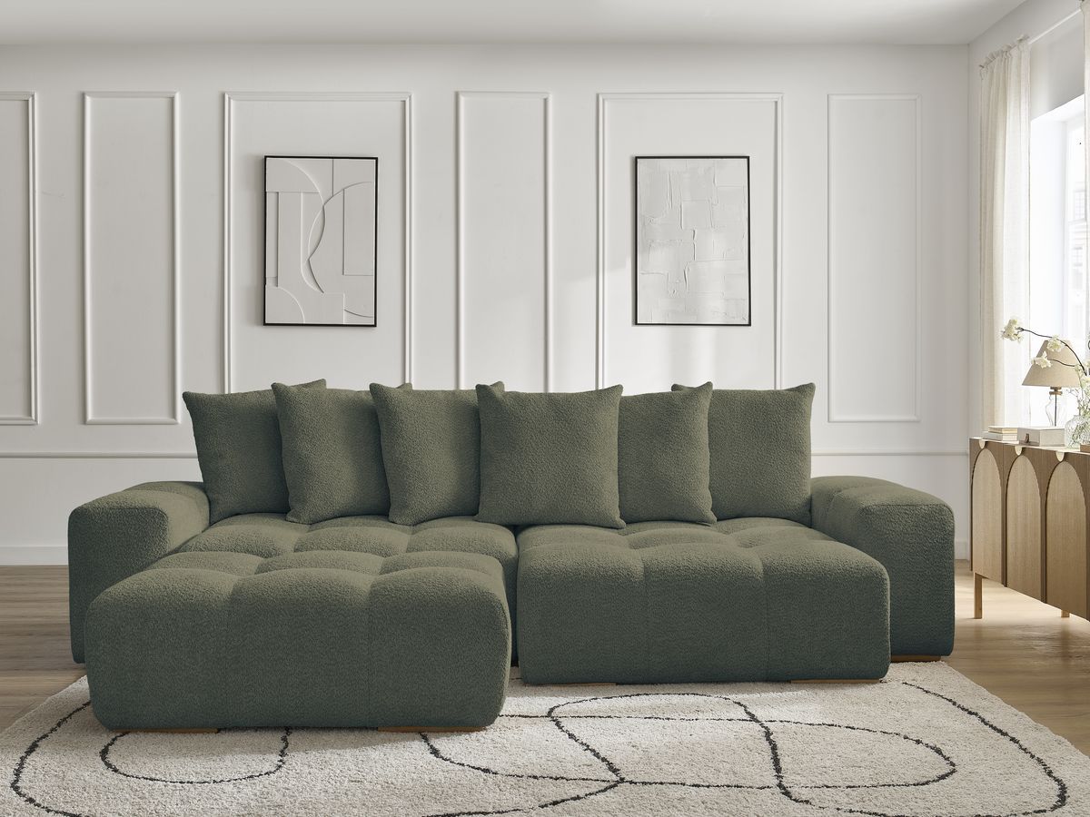 Bobochic Anakin Ecksofa mit Schlaffunktion und Bettkasten und Pouf, 6 Kissen Bouclé-Stoff Grün