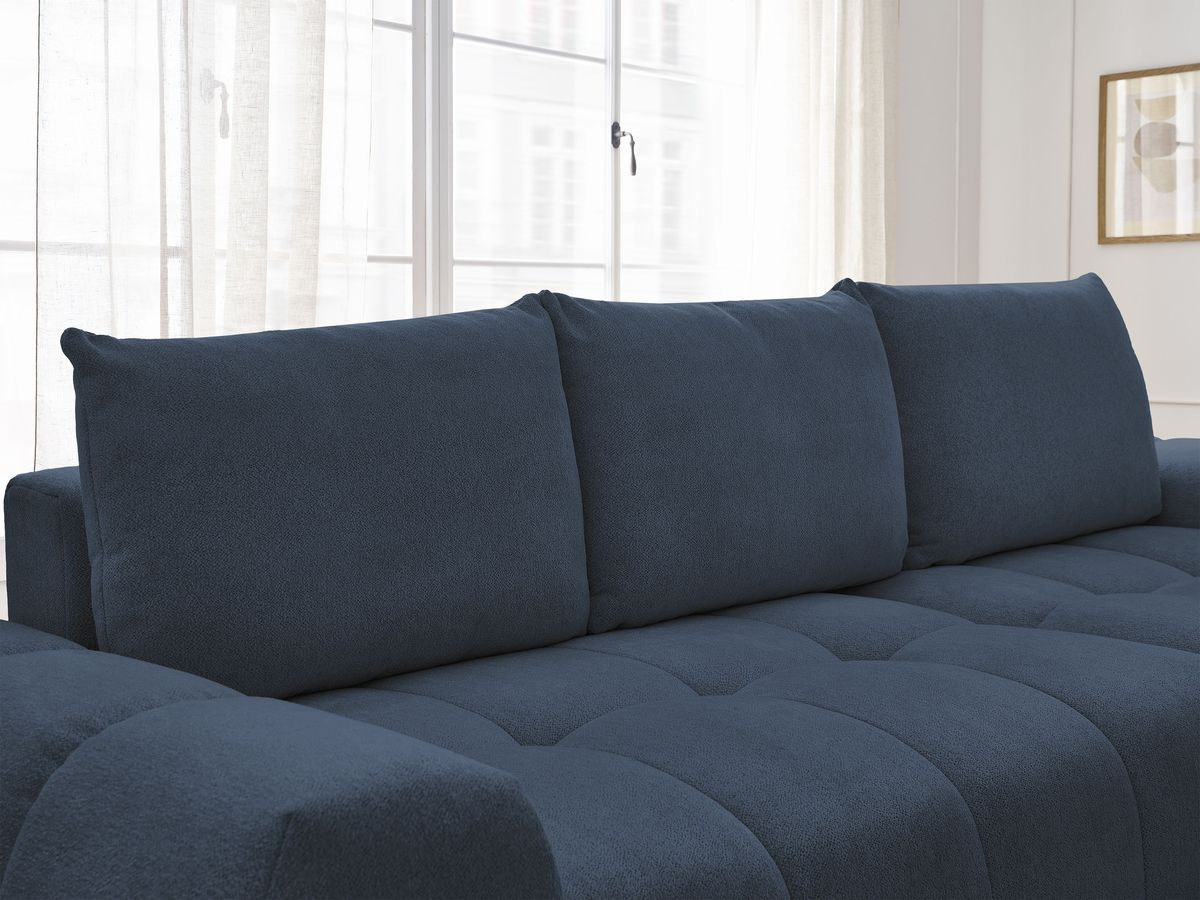 Bobochic Everest Ecksofa mit Schlaffunktion und Bettkasten 318 × 180 cm, 3 Kissen Melange-Stoff Dunkelblau Ecke rechts