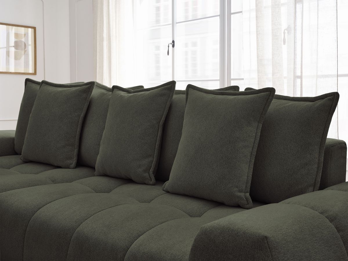 Bobochic Everest Ecksofa mit Schlaffunktion und Bettkasten 318 × 180 cm, 7 Kissen Melange-Stoff Grün Ecke links