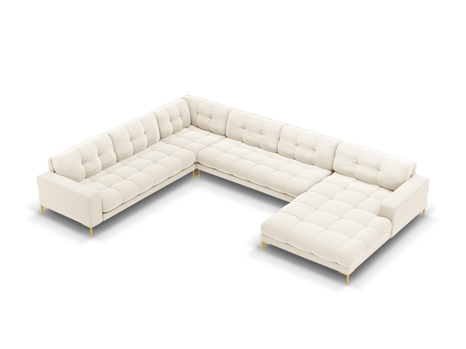Cosmopolitan Design Panoramasofa Bali 7-Sitzer 327 cm Samt Bluvel Helles Beige Links Beine Gold