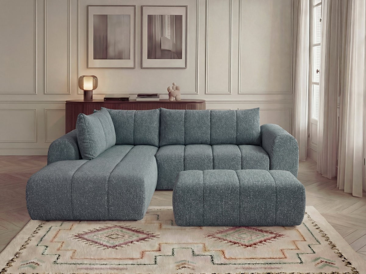 Bobochic Nesty Ecksofa in L-Form, 256 cm, mit Pouf Melange-Stoff Blau Ecke links