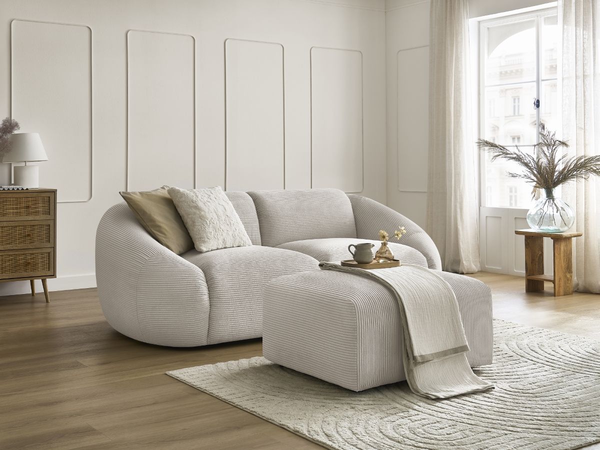 Bobochic Tina Sofa 3-Sitzer mit Pouf Cordsamt Beige