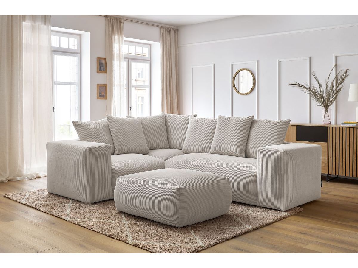 Bobochic Voltaire Ecksofa mit Pouf 268 × 214 cm Cordsamt Beige Ecke links