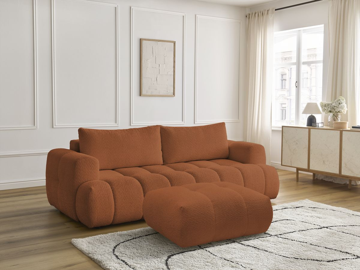 Bobochic Fuji Schlafsofa 3-Sitzer mit Bettkasten und Pouf Bouclé-Stoff Orange