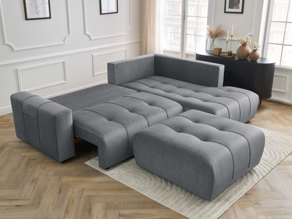 Bobochic Arsene Ecksofa mit Schlaffunktion und Bettkasten und Pouf 277 × 200 cm Samt Dunkelgrau Ecke rechts
