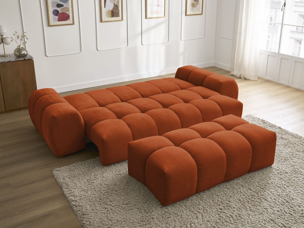 Bobochic Everest Schlafsofa 3-Sitzer mit Bettkasten und Pouf, 5 Kissen Strukturstoff Orange
