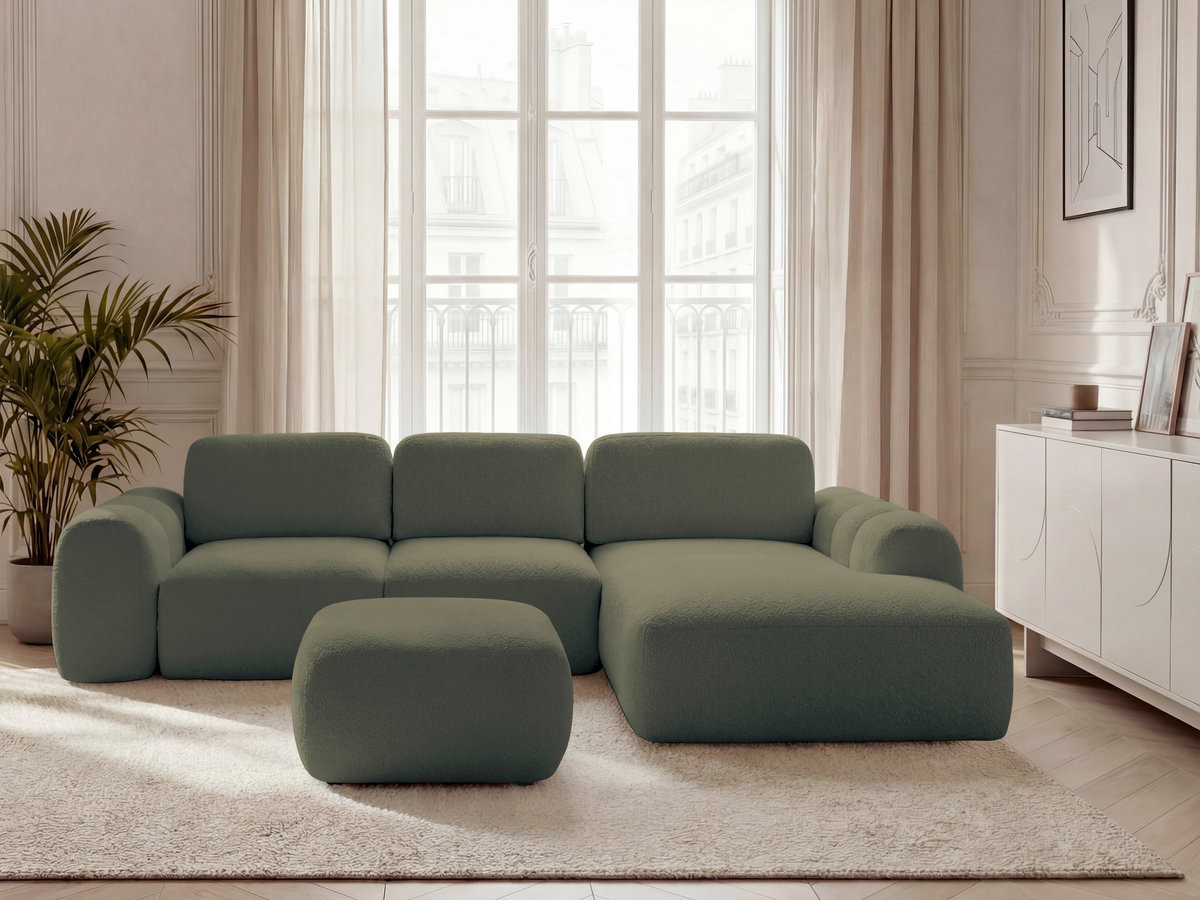 Bobochic Montaigne Ecksofa mit Schlaffunktion und Bettkasten und Pouf 288 × 196 cm Bouclé-Stoff Grün Ecke rechts