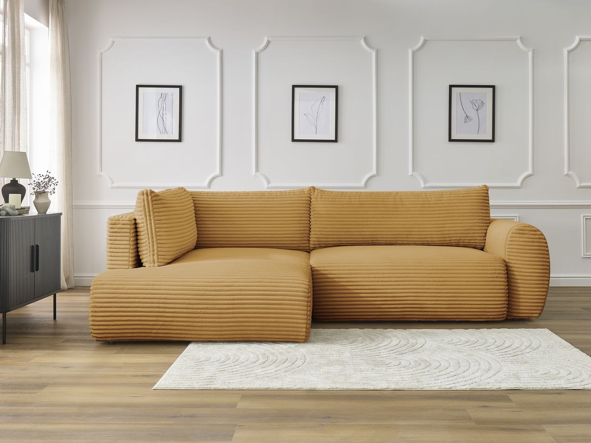 Bobochic Lucien Ecksofa mit Schlaffunktion und Bettkasten 296 × 198 cm Breitcord weich Gelb Ecke links