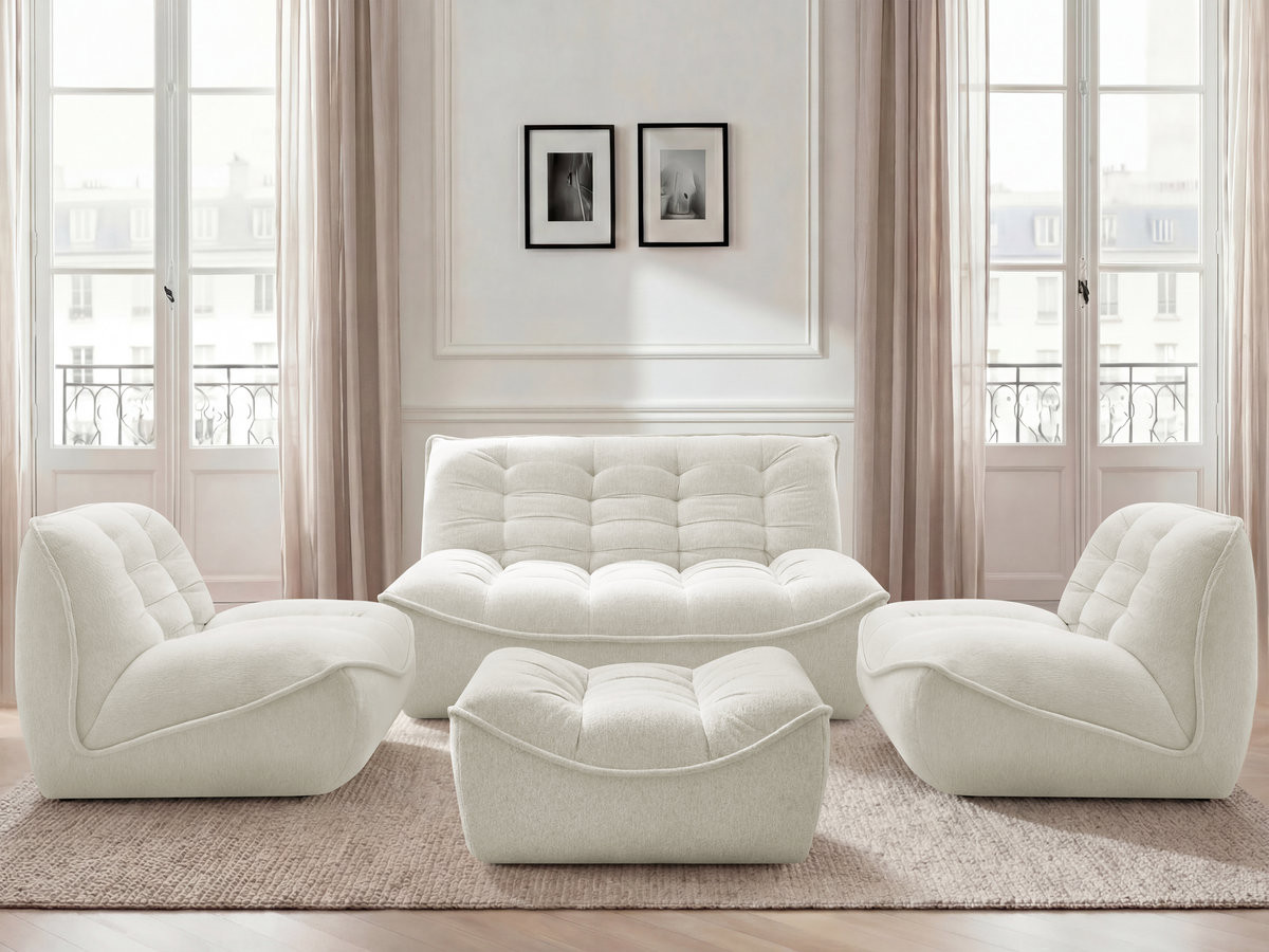 Bobochic Serena Sofa 4-Sitzer mit Pouf Melange-Stoff Weiß