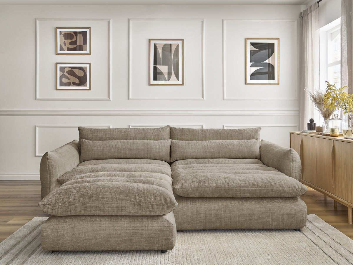 Bobochic Neil Ecksofa mit Pouf Strukturstoff Taupe Ecke rechts