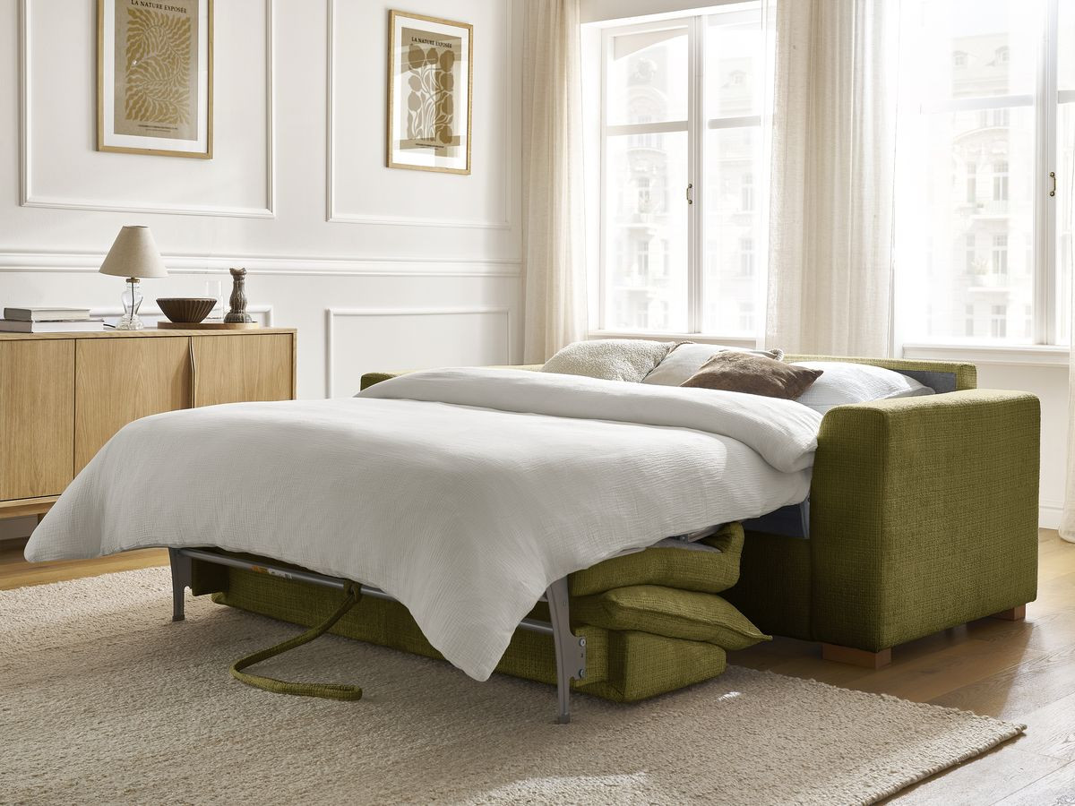 Bobochic Augustin Schlafsofa 3-Sitzer Strukturstoff Grün, Liegefläche 160 × 200 cm