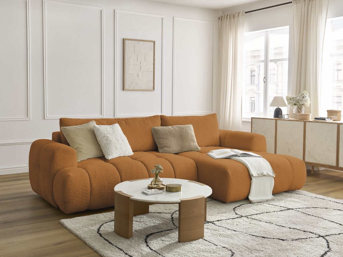 Bobochic Fuji Ecksofa mit Schlaffunktion und Bettkasten 292 × 160 cm Bouclé-Stoff Gelb Ecke rechts