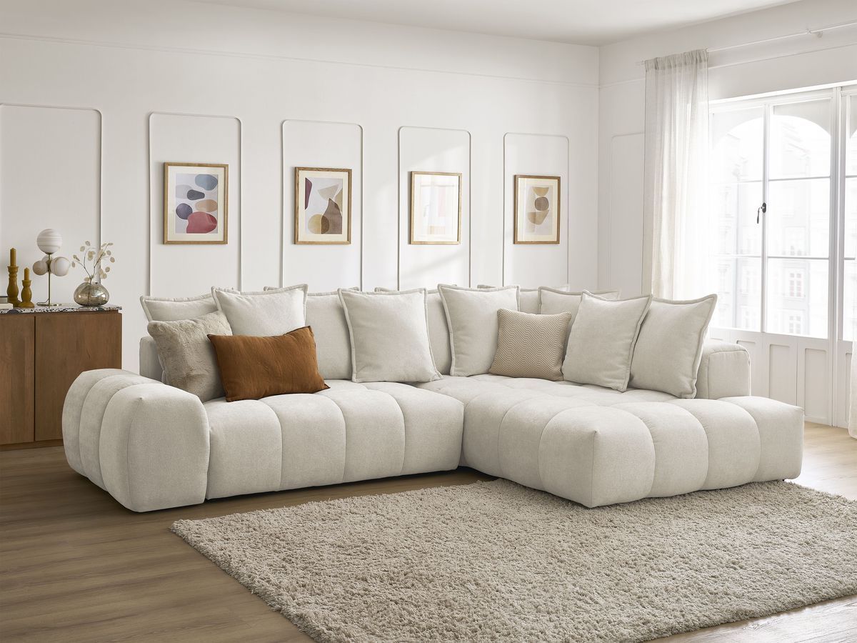 Bobochic Everest Ecksofa mit Schlaffunktion und Bettkasten 320 × 212 cm, 10 Kissen Strukturstoff Beige Ecke rechts