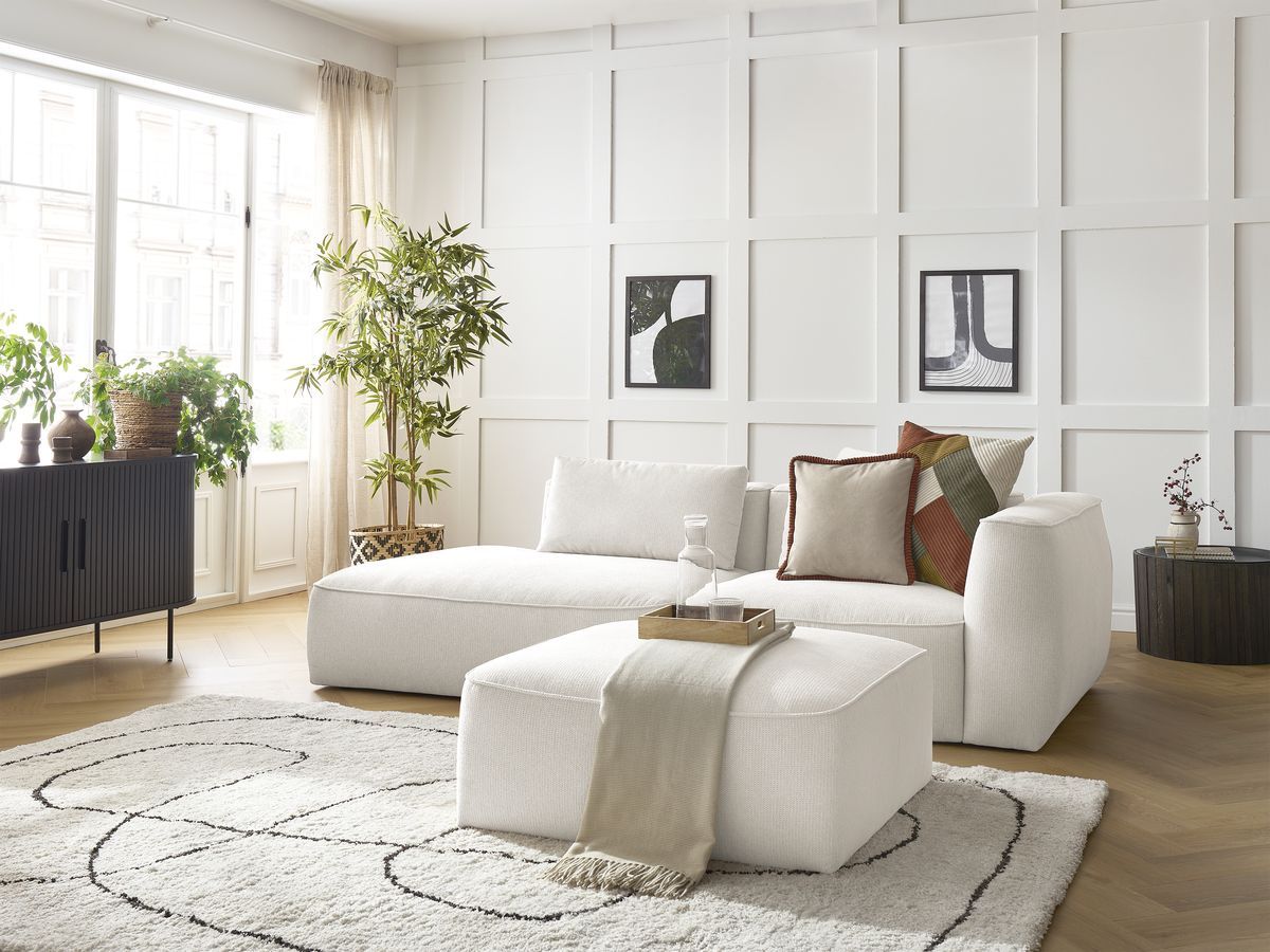 Bobochic Leopold Sofa 4-Sitzer mit Pouf Melange-Stoff Weiß Armlehne rechts