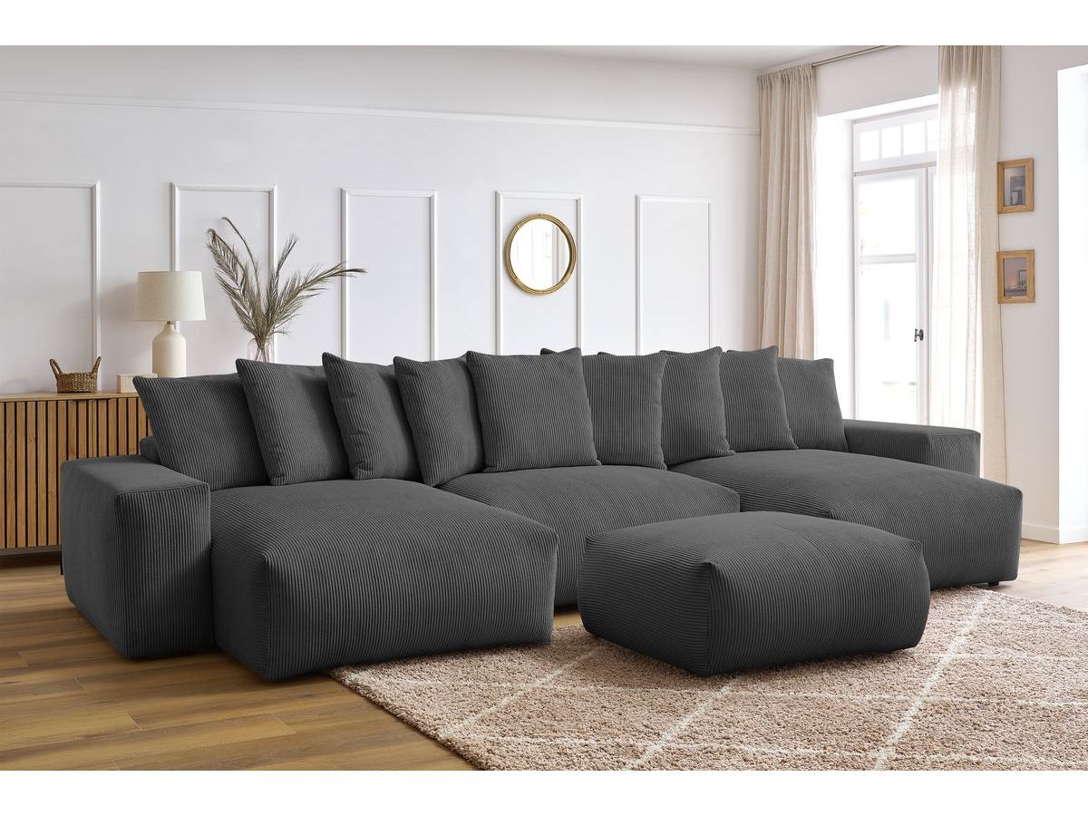 Bobochic Voltaire Wohnlandschaft mit Pouf 420 × 174 cm, Liegefläche 135 × 345 cm Cordsamt Dunkelgrau