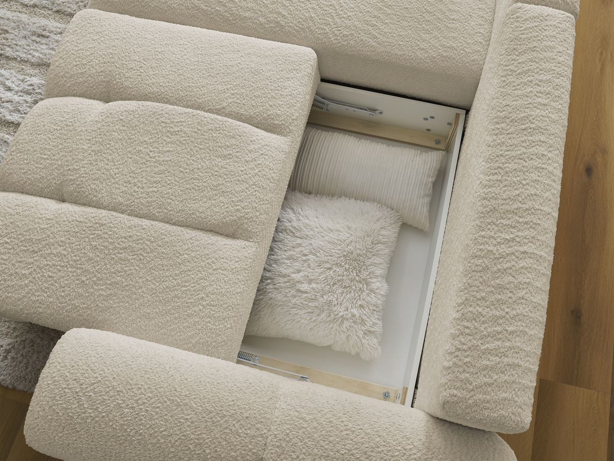 Bobochic Roxelane Ecksofa mit Schlaffunktion und Bettkasten und Pouf 258 × 150 cm Bouclé-Stoff Beige Ecke links