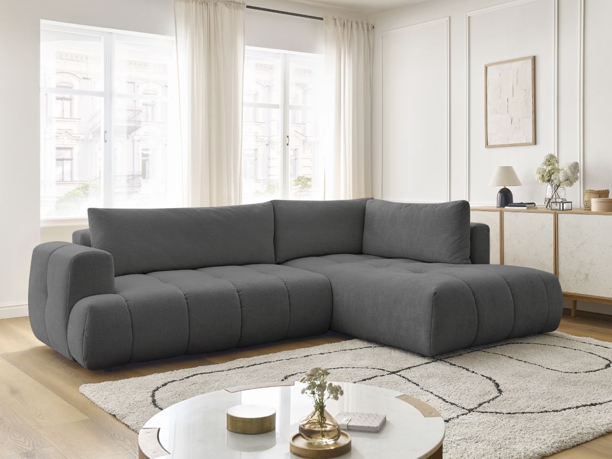 Bobochic Fuji Ecksofa mit Schlaffunktion und Bettkasten 282 × 204 cm Stoff Dunkelgrau Ecke rechts