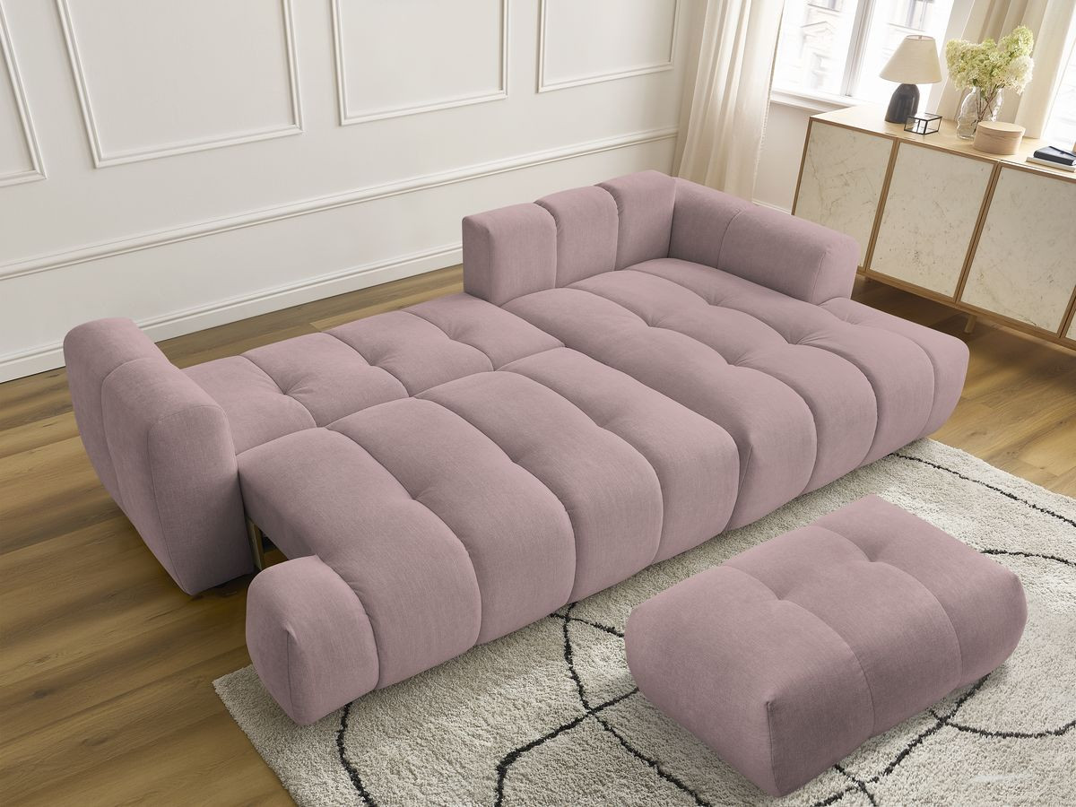 Bobochic Fuji Ecksofa mit Schlaffunktion und Bettkasten und Pouf 292 × 160 cm Stoff Rosa Ecke rechts