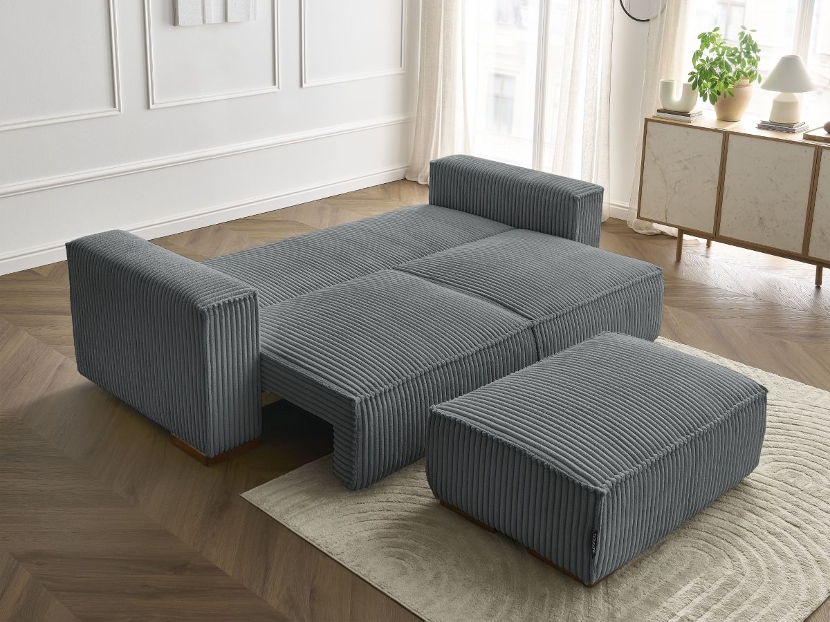 Bobochic Chelsea Schlafsofa 4-Sitzer mit Bettkasten und Pouf Breitcord weich Dunkelgrau