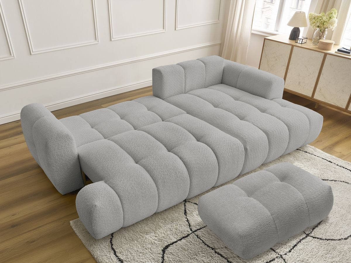 Bobochic Fuji Ecksofa mit Schlaffunktion und Bettkasten und Pouf 292 × 160 cm Bouclé-Stoff Hellgrau Ecke rechts