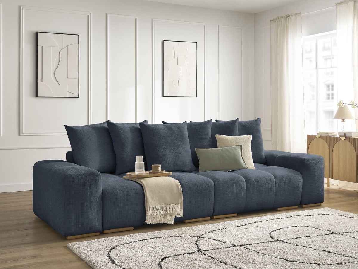 Bobochic Anakin Schlafsofa 3-Sitzer mit Bettkasten, 6 Kissen Strukturstoff Dunkelblau